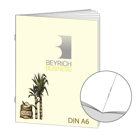 Broschüre aus Zuckerrohrpapier | DIN A6 32-Seiter | bedruckt
