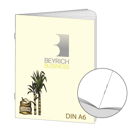 Broschüre aus Zuckerrohrpapier | DIN A6 16-Seiter | bedruckt